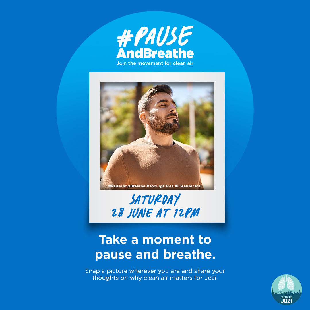 City of Joburg (@cityofjoburgza) on Twitter photo 🚨 Calling all who care about clean air🚨
Join us & <a href="/BreatheCities/">Breathe Cities</a> in the movement for clean air!
Whether at home, the gym or out walking, take a moment at 12 midday on Sat 28 June to #PauseAndBreathe for clean air.
Are you in?
#JoburgCares #CleanAirJozi #PauseAndBreathe ^NJ 🚨 Calling all who care about clean air🚨
Join us & <a href="/BreatheCities/">Breathe Cities</a> in the movement for clean air!
Whether at home, the gym or out walking, take a moment at 12 midday on Sat 28 June to #PauseAndBreathe for clean air.
Are you in?
#JoburgCares #CleanAirJozi #PauseAndBreathe ^NJ