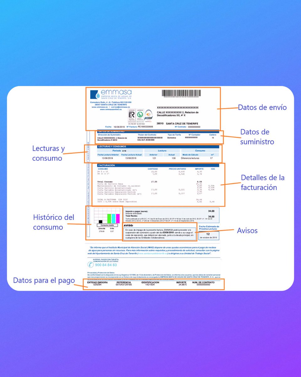 Te contamos cómo interpretar tu factura. 🧾

Cualquier duda, contacta con nosotros a través de la información de contacto que tenemos en emmasa.es.💧💙