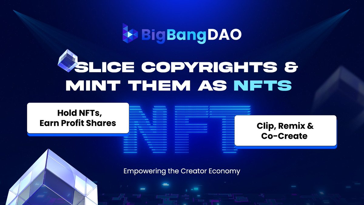 🎬 Welcome to the future of creativity with #BigBangDAO Co-Create the Future.

Turn copyrights into fractional #NFTs.
💠 Hold them to earn profit shares.
🎛 Clip, remix &amp; co-create — legally and transparently.

Empowering creators,fans &amp; curators to own, earn, and build together.