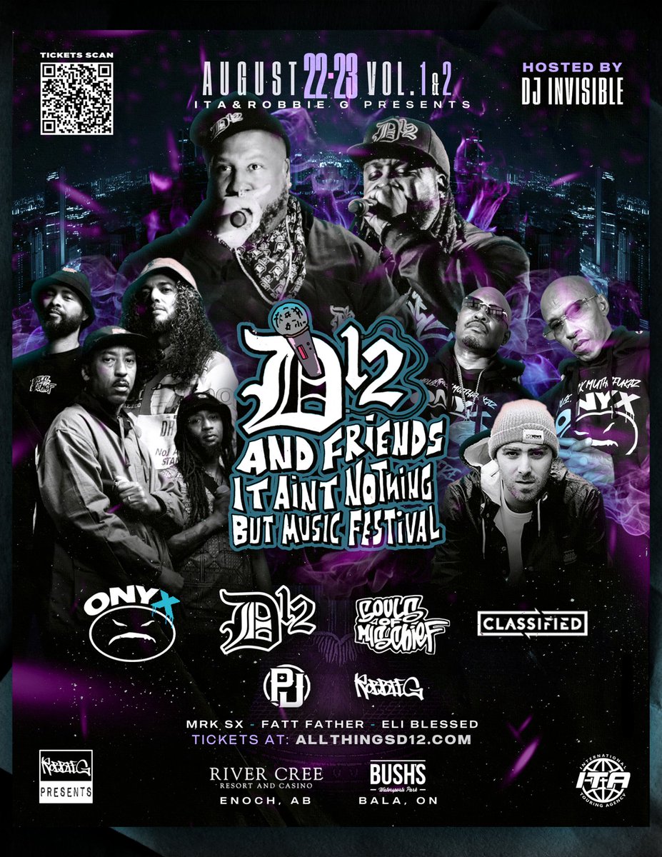 🚨 D12 &amp; Friends: It Ain’t Nothing But Music Festival hits 🇨🇦 this August! 🔥 Two nights. Two cities. One legendary crew.
🎤 Aug 22 – River Cree, AB (18+)
🎤 Aug 23 – Bala, ON (All ages + camping)
ft. Souls of Mischief, Onyx, Classified &amp; more 💥 canadianbeats.ca/2025/06/25/d12…