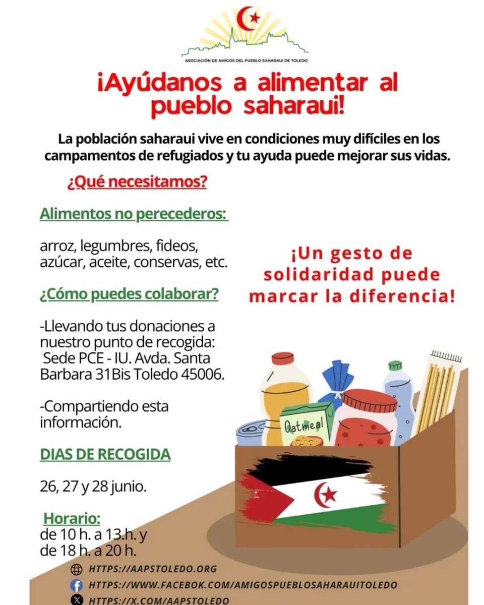 MAÑANA - CUENCA | TOLEDO

🏘️Cuenca - Coloquio por el derecho a una vivienda
🏰Toledo - Recogida de alimentos para el pueblo saharaui