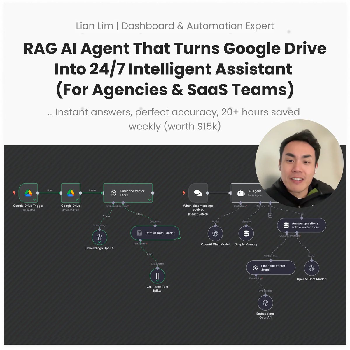 I just finished building a RAG-powered AI Agent for agencies &amp; SaaS teams

It turns your Google Drive into an intelligent AI assistant that answers questions instantly

- Auto-embeds all documents into vector database
- Smart retrieval with perfect accuracy
- Context-aware