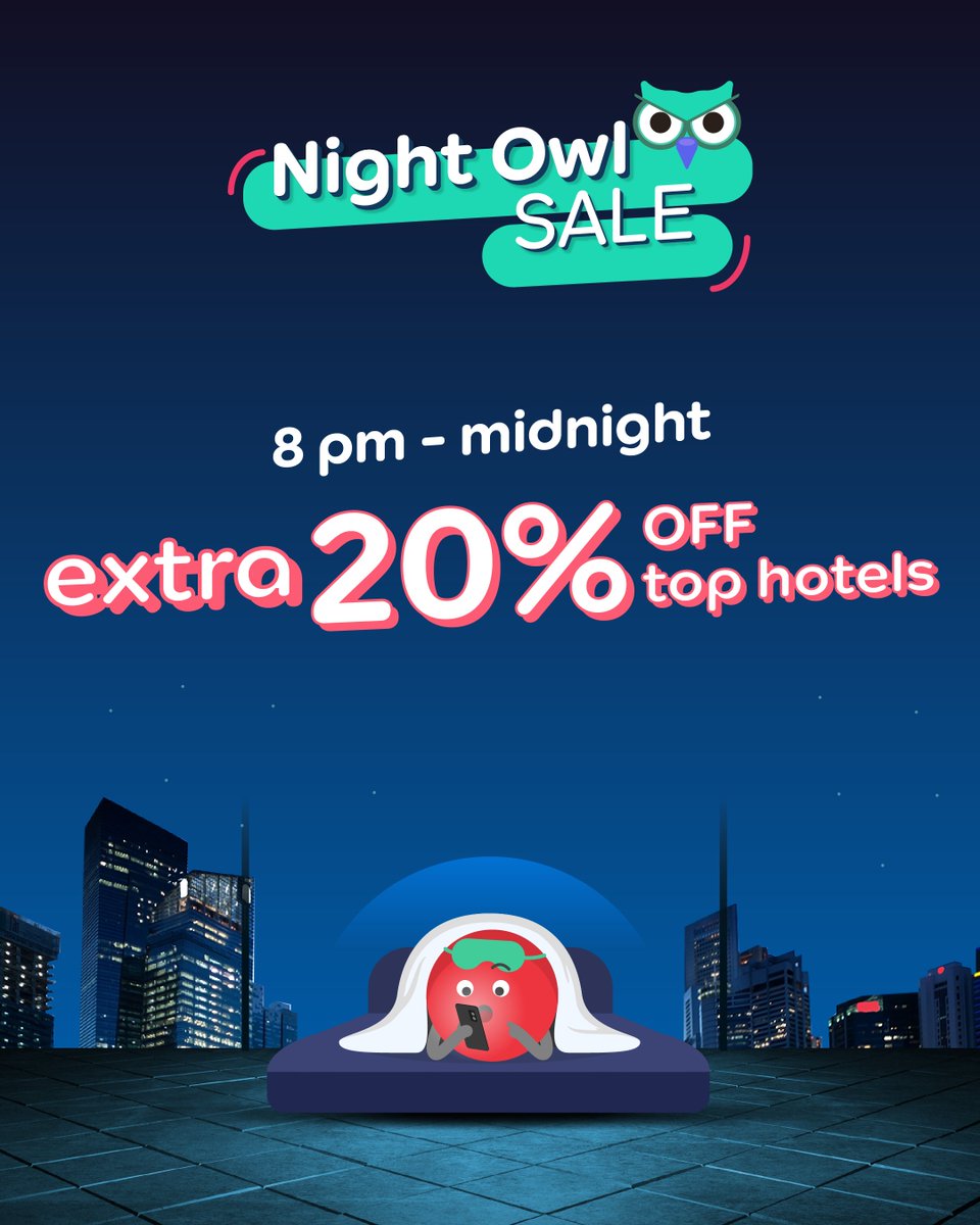 Hey, night owls! 🦉✨ This one’s for you.
From 8 PM to midnight only, snag an extra 20% off top hotels! 🏨🤑 It’s like the universe rewarding you for staying up late—but don’t sleep on this (literally). 🌌
 
Book now &gt;&gt; agoda.com/nightowlsale

*Terms and conditions apply.