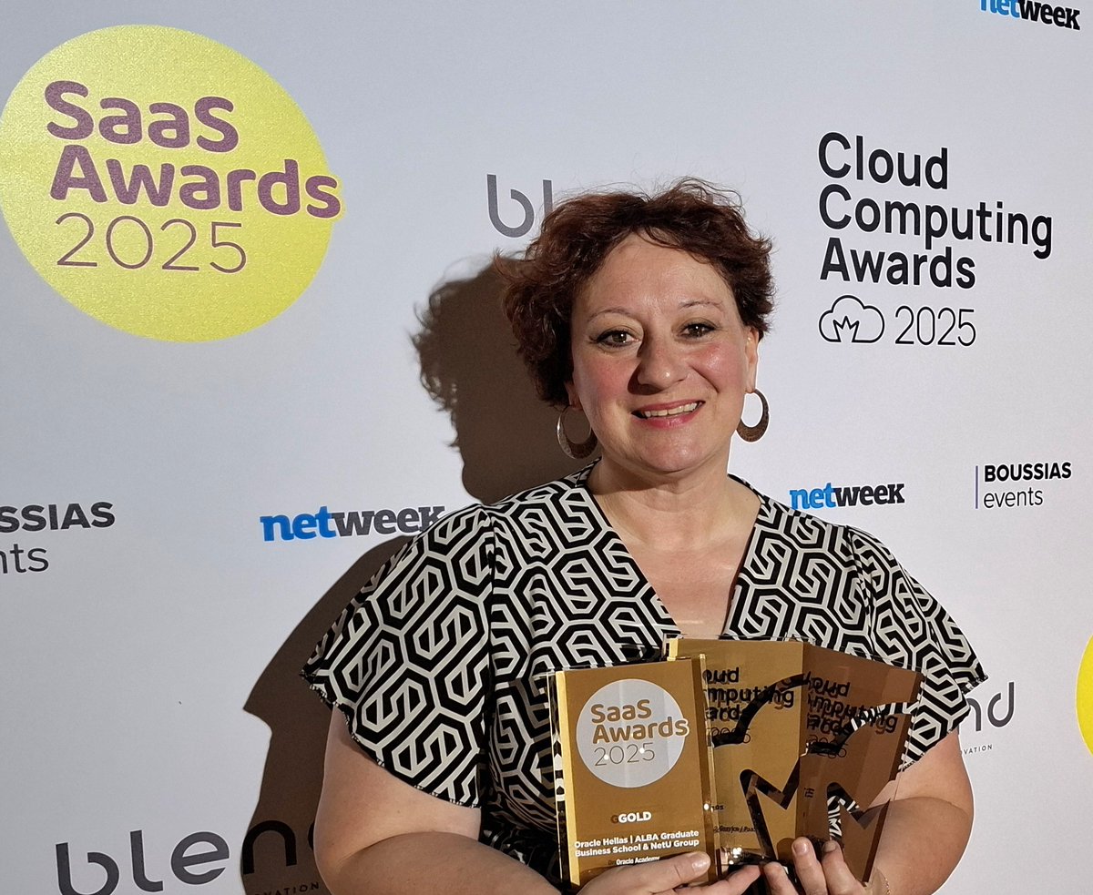 OracleAcademy's tweet image. The @OracleAcademy Cloud Program was again recognized at the Cloud & SaaS Awards in #Greece, receiving two gold awards for best #PaaS and for the #SaaS project, #Cloud Skills Development with @NetSuite, as well as a bronze award for best #IaaS.
#cloudawardsgr #CloudERP #ITskills