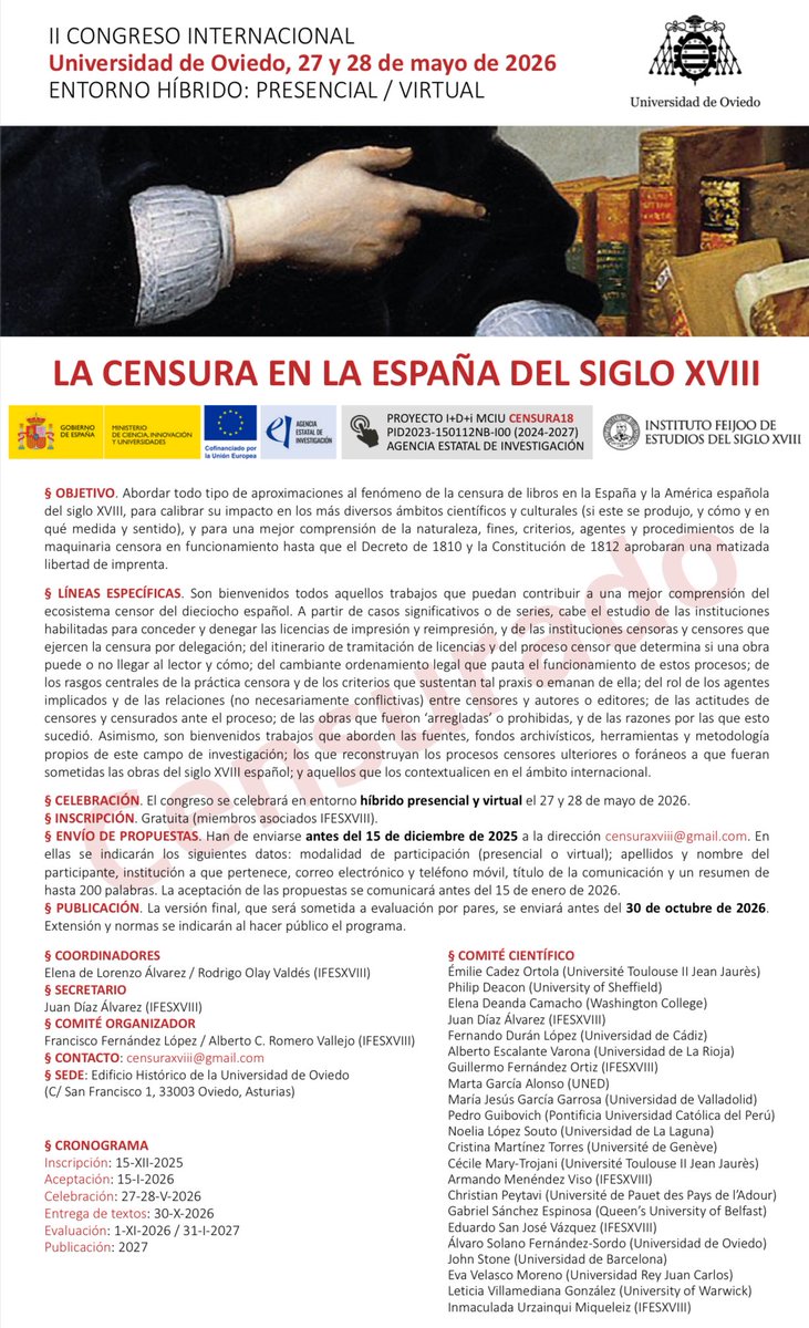 SEESXVIII (@siglo_18) on Twitter photo El Instituto Feijoo es entidad colaboradora del II Congreso Internacional «La #censura en la España del siglo #XVIII», organizado en el marco del proyecto de investigación «Censura18-II» (PID2023-150112NB-I00 (2024-2027), que tiene sede en el Instituto y de que es IP Elena de El Instituto Feijoo es entidad colaboradora del II Congreso Internacional «La #censura en la España del siglo #XVIII», organizado en el marco del proyecto de investigación «Censura18-II» (PID2023-150112NB-I00 (2024-2027), que tiene sede en el Instituto y de que es IP Elena de