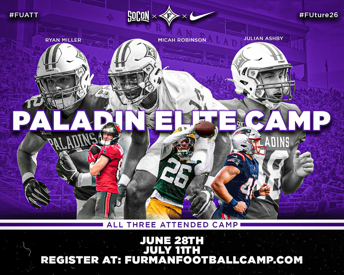 3️⃣ day until the first Paladin Elite Camp this summer! Did you know that 3️⃣ current NFL players went to Paladin Elite Camps and made it to the league via Furman?

🔗: furmanfootballcamp.com/shop/EVENT