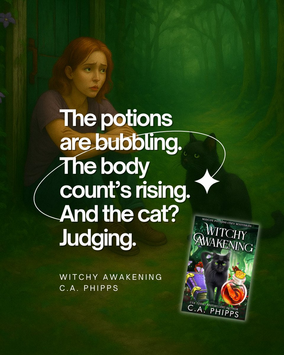 The potions are bubbling. The suspects? Suspicious.
And that snarky black cat? Judging everything. 😼✨
Craving cozy witch vibes with a side of murder and midlife mayhem? 

📚 Start the Midlife Potions series today!
#CozyMystery #MidlifeMagic #CAPhipps #BookTok #MysteryReads