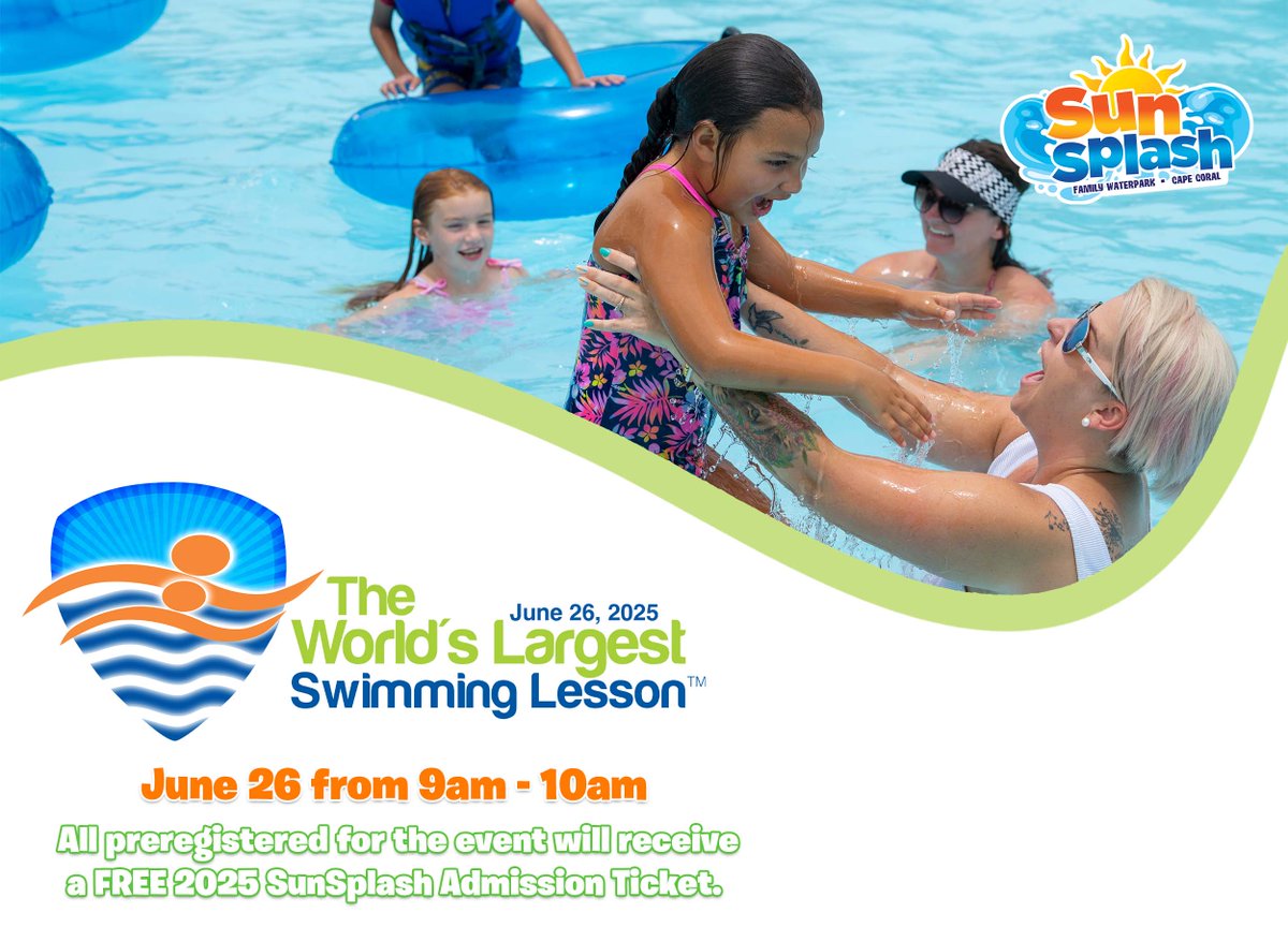 Stay safe around the water!

Join us on June 26 from 9am to 10am for the Largest Swim Lesson and learn basic water safety skills to keep everyone safe around the water this summer. Pre-register now at bit.ly/2025WLSL and receive a FREE 2025 SunSplash ticket.