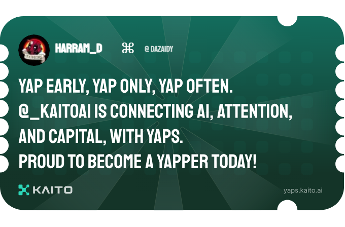 DazaiDy's tweet photo. Yap early, yap only, yap often.

@KaitoAI is connecting AI, attention and capital with Yaps.

Just claimed my social card and I'm accumulating Yap points in real-time.

Claim yours 👉 https://t.co/hkazq6dqAk https://t.co/qTXQ80PP8T
