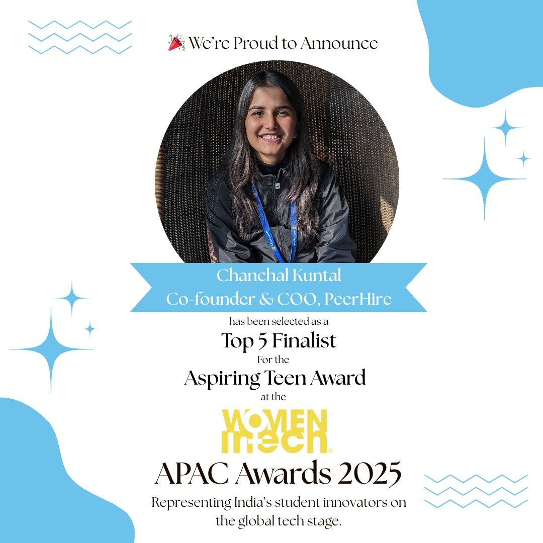 🔥 Big news: PeerHire’s Co-founder &amp; COO Chanchal Kuntal is a Top 5 Finalist at the Women in Tech® APAC Awards 2025 🇯🇵🌍

She'll represent 🇮🇳 in Kyoto this July under the Aspiring Teen Award. A huge moment for student-led Web3 innovation!

#WomenInTech #PeerHire #IndiaToJapan