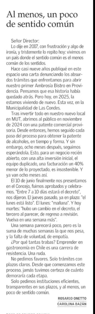 Ignacio Briones (@ignaciobriones_) on Twitter photo "Permisología": solemos asociarla con grandes proyectos de inversión.
Pero es a toda escala: también es un lastre para Pymes.
Esta carta de una reconocida chef de Chile y su socia narra su proceso kafkiano en <a href="/Muni_LasCondes/">Las Condes</a> para obtener patente de alcoholes para su restaurant. "Permisología": solemos asociarla con grandes proyectos de inversión.
Pero es a toda escala: también es un lastre para Pymes.
Esta carta de una reconocida chef de Chile y su socia narra su proceso kafkiano en <a href="/Muni_LasCondes/">Las Condes</a> para obtener patente de alcoholes para su restaurant.