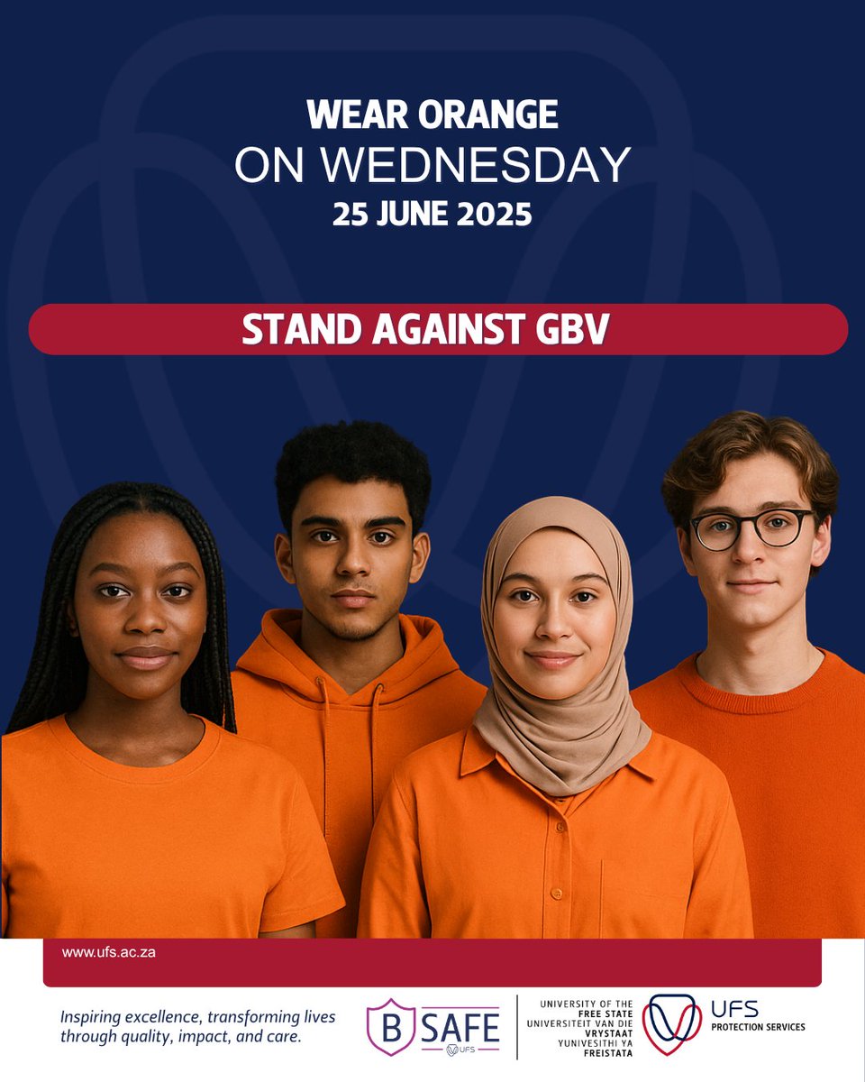 UFSweb's tweet photo. Stand with the UFS and Protection Services against gender-based violence (GBV) and wear something orange today. 

#UniversityoftheFreeState #UFSImpact #KovsieCare https://t.co/jcY1PzLpJP
