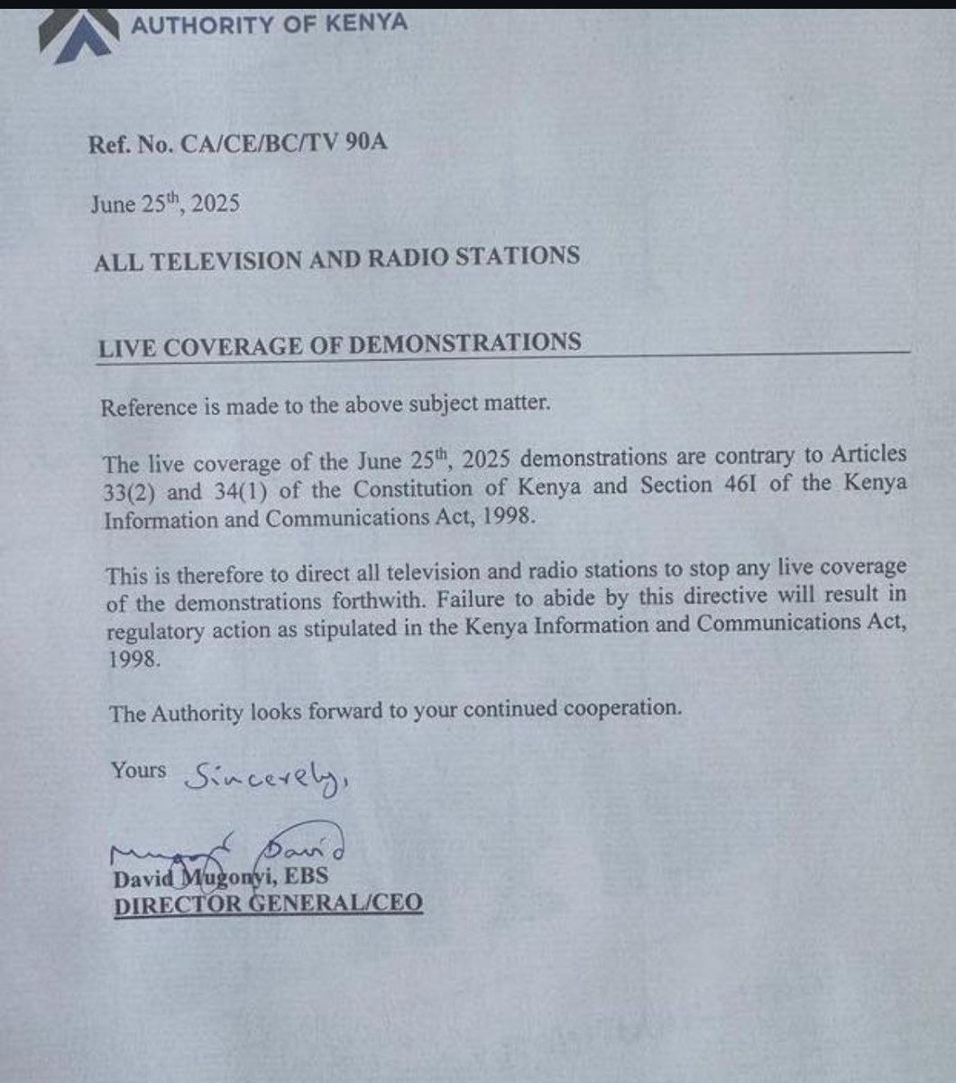 globalfreemedia's tweet photo. #Kenya: 1/2  IPI strongly condemns the government directive banning the media from airing live coverage of the ongoing 25 June protests as Kenyans exercise their constitutional right to assembly. @CA_Kenya  @NationAfrica @KTNNewsKE @citizentvkenya https://t.co/ziSFLIz4ms