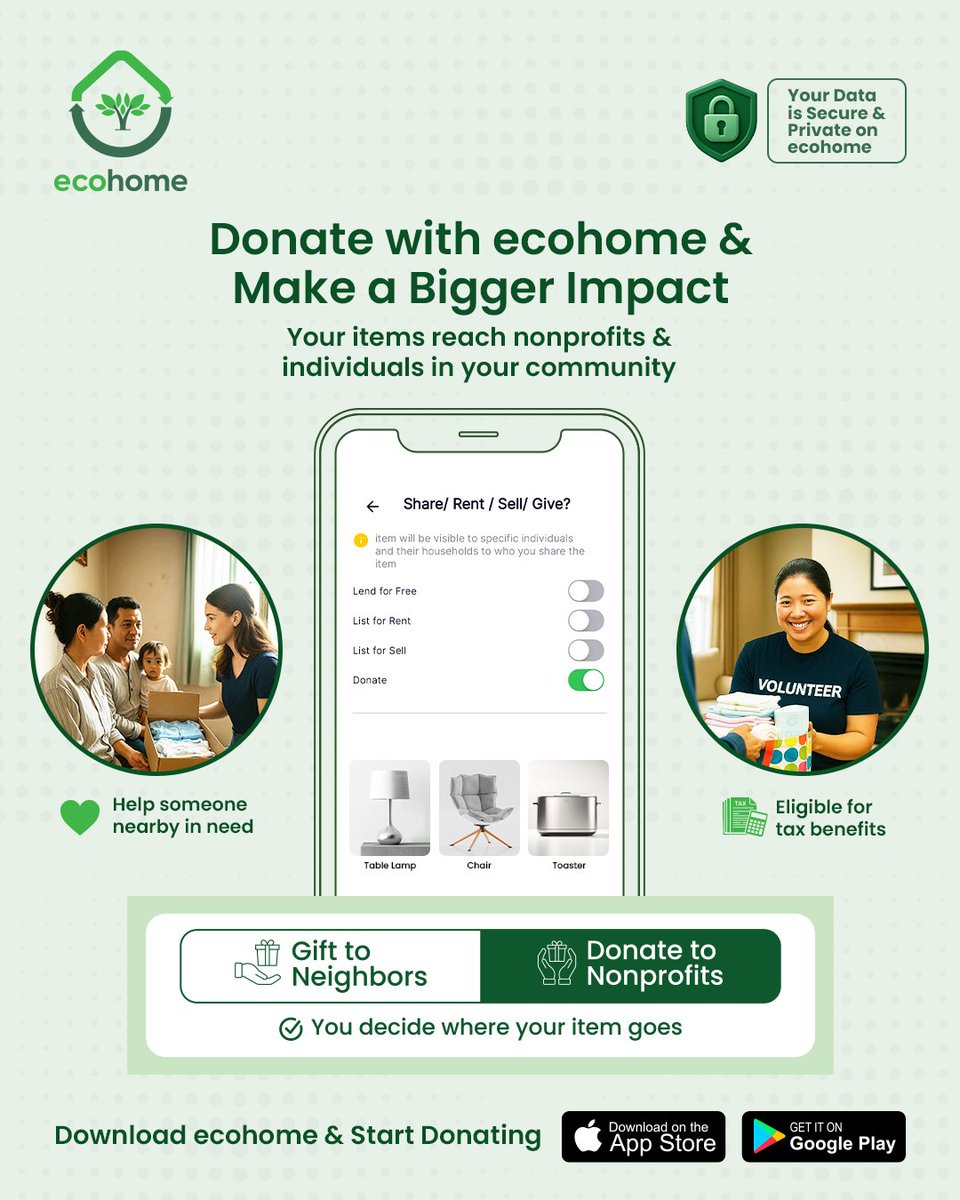 EcohomeLlc23869's tweet photo. Got things you don’t need? Let them help someone else.
List donations easily on the ecohome app.
Volunteers from https://t.co/px7sw13O10 will pick up and deliver them.
♻️ Give a second life
🤝 Support local nonprofits
📜 Get tax receipts instantly
Join ecohome today. https://t.co/IWmIew2h01