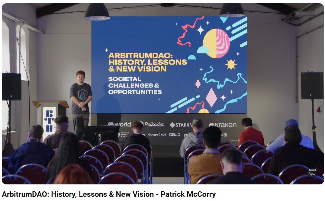 Just watched <a href="/stonecoldpat0/">Patrick McCorry 🐋</a>’s talk at <a href="/EthPrague/">ETHPrague</a> on the evolution of <a href="/arbitrum/">Arbitrum</a>.

While grounded in Arbitrum’s experience, many takeaways speak to broader DAO pain points like proposal overload, contributor friction, and execution gaps.

Here’s what stuck with me:

→ Proposal