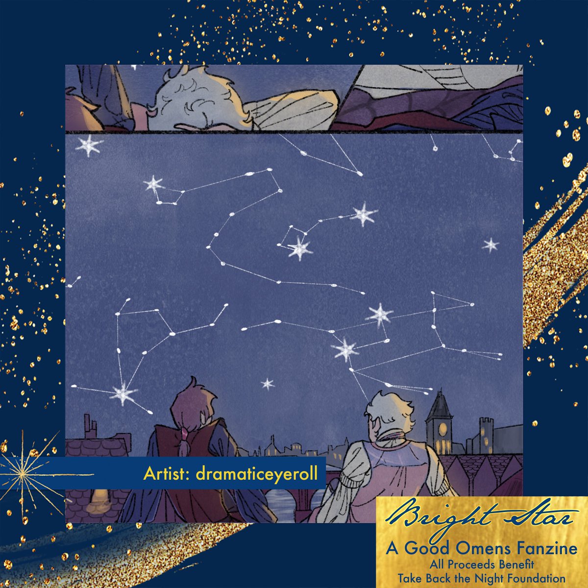 'Bright  Star', our celestial zine themed in tribute to the 'Take Back the  Night Foundation', features 70+ art and fic (like this one by dramaticeyeroll!)

All profits go towards helping SA victims. 

pyracantha.itch.io/bright-star

#goodomens #brightstarzine #oowsfundraiser