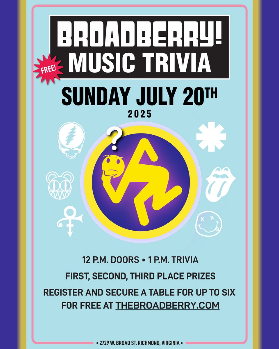 TheBroadberry's tweet photo. 🎵 Music Trivia is back at The Broadberry Sunday 7/20! Reserve a free table for up to six team mates! 🎵 https://t.co/rJhmu8ke1z
