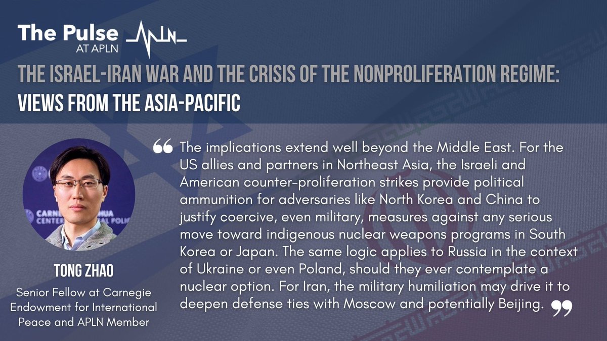 Tong ZHAO (@zhaot2005) on Twitter photo Thanks <a href="/APLNofficial/">Asia-Pacific Leadership Network</a> for the opportunity to make a few comments on the implications of Israeli-US strikes on Iranian nuclear facilities for nonproliferation and regional security in and beyond the Middle East, including in the Asia Pacific region:
apln.network/analysis/the-p… Thanks <a href="/APLNofficial/">Asia-Pacific Leadership Network</a> for the opportunity to make a few comments on the implications of Israeli-US strikes on Iranian nuclear facilities for nonproliferation and regional security in and beyond the Middle East, including in the Asia Pacific region:
apln.network/analysis/the-p…