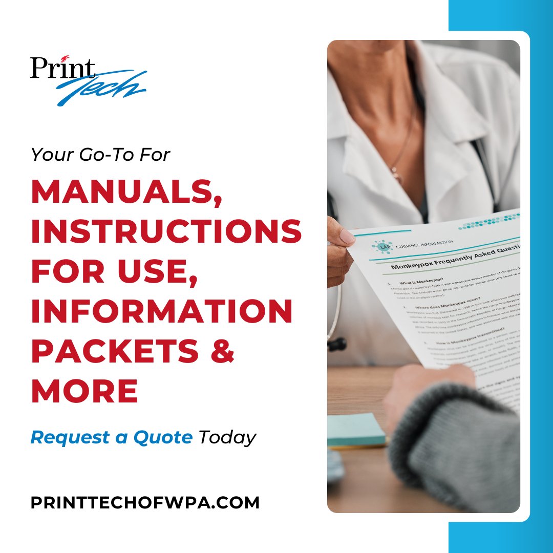 PrintTechOfWPA's tweet image. We specialize in printing critical documents for medical device manufacturers, with quality control that ensures accuracy and on-time delivery. We handle regulatory documents, patient materials, inserts, and labels.

Learn more: hubs.ly/Q03nNZh60

#ThinkPrintTech