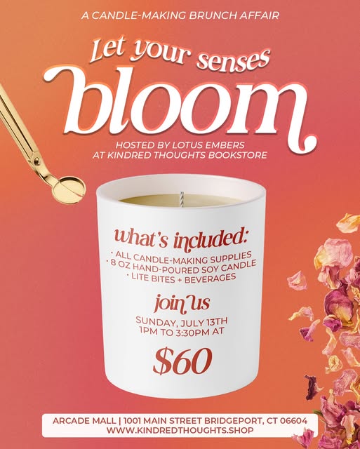 Lotus Embers is bringing the perfect summer experience to Kindred Thoughts Bookstore with a Candle-Making Brunch on July 13th at 1:00 PM. Guests will craft their own summer-inspired candles during this hands-on workshop, all while enjoying  bites, drinks, good vibes