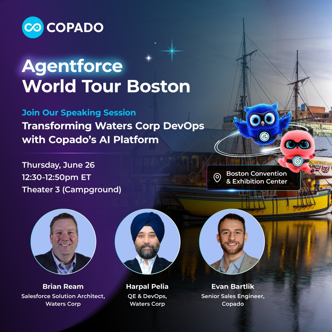 Heading to Agentforce World Tour Boston tomorrow?

Stop by the Copado booth and join our session with Waters Corp:
12:30 PM ET | Theater 3
See how AI is transforming DevOps in the enterprise.

Details: ow.ly/BH5C50WfK4c

#Agentforce #Copado #DevOps #Salesforce