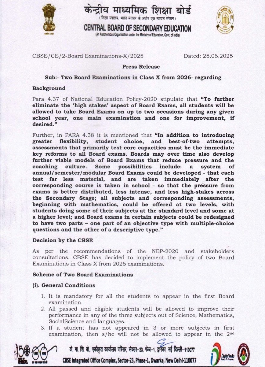 #CBSE approves twice a year exam for class 10 from 2026. First phase mandatory, second phase optional. Best scores to be retained.