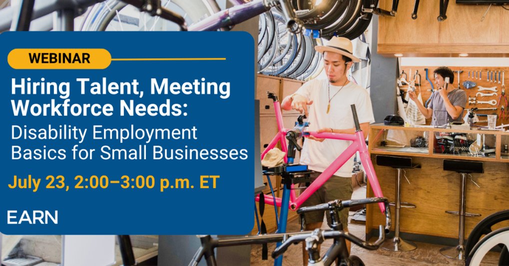 JANatJAN's tweet image. Join EARN on 7/23 at 2 p.m. ET for the webinar “Hiring Talent, Meeting Workforce Needs: Disability Employment Basics for Small Businesses” and learn about the essentials and benefits of disability employment, discover practical resources, and more. askearn.org/event/disabili…
