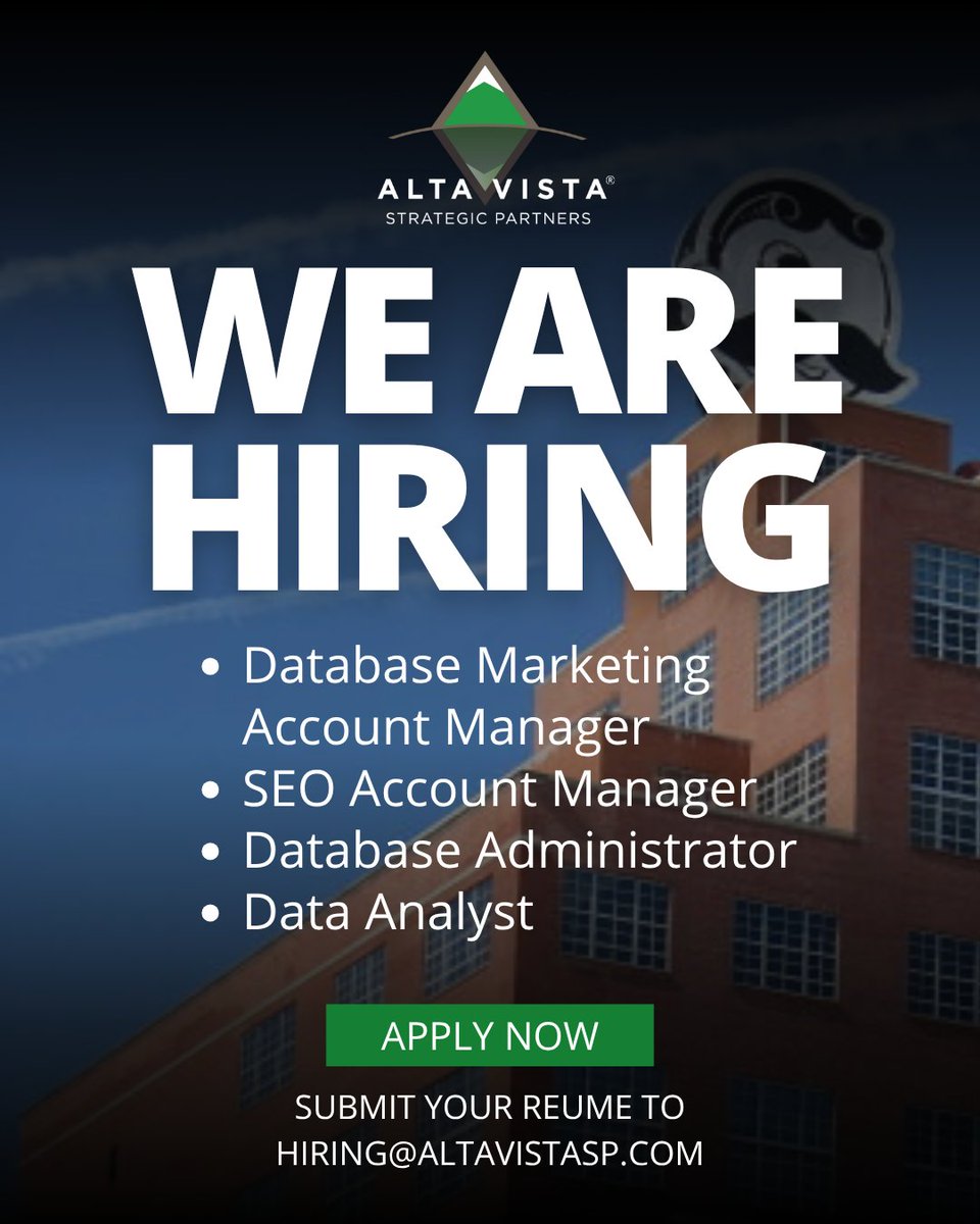 AltaVista SP (@altavistasp) on Twitter photo We’re growing! AltaVista is hiring and looking for talented professionals to join our team. Apply now by sending your resume to hiring@altavistsp.com
#AltaVista #NowHiring #MarketingJobs #MarketingCareers #JobOpening #HiringBaltimore We’re growing! AltaVista is hiring and looking for talented professionals to join our team. Apply now by sending your resume to hiring@altavistsp.com
#AltaVista #NowHiring #MarketingJobs #MarketingCareers #JobOpening #HiringBaltimore