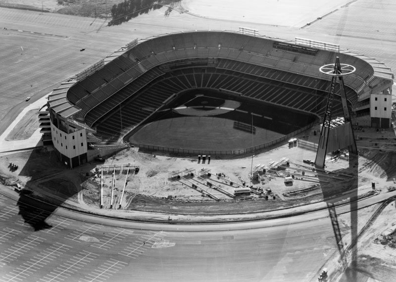 Angel Stadium, Anaheim, ca 1965 - Construction is almost complete on Angels new ballpark. See near bottom the light towers still on ground