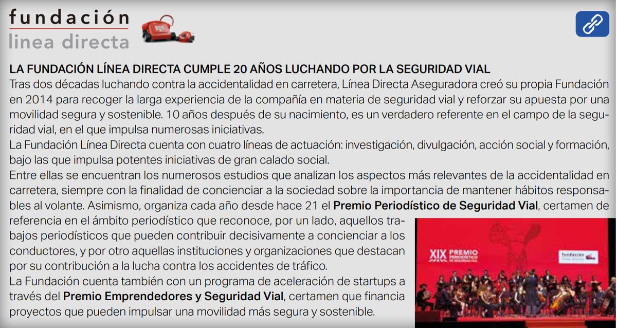 Corresponsables (@corresponsables) on Twitter photo 📖 Descubre algunas de las buenas prácticas de <a href="/f_lineadirecta/">Fundación Línea Directa</a> en el #20AnuarioCorresponsables 👉 f.mtr.cool/obhemxukua
🧑🤝🧑 S – #Social
🚗 #SeguridadVial: Desde su creación en 2014, la Fundación Línea Directa trabaja para reducir la #accidentalidad en #carretera y #promover 📖 Descubre algunas de las buenas prácticas de <a href="/f_lineadirecta/">Fundación Línea Directa</a> en el #20AnuarioCorresponsables 👉 f.mtr.cool/obhemxukua
🧑🤝🧑 S – #Social
🚗 #SeguridadVial: Desde su creación en 2014, la Fundación Línea Directa trabaja para reducir la #accidentalidad en #carretera y #promover