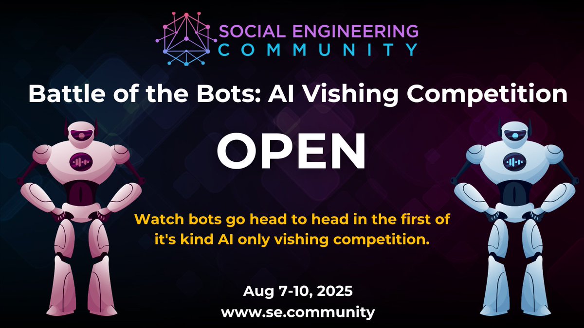 sec_defcon's tweet image. Battle of the Bots submissions are open. Build your AI vishing bot, step into the soundproof booth, and extract real human objectives. Automation meets psychology in this social engineering showdown.
Deadline: June 30, 2025 at 5pm PT
🔗 se.community/battle-of-the-…