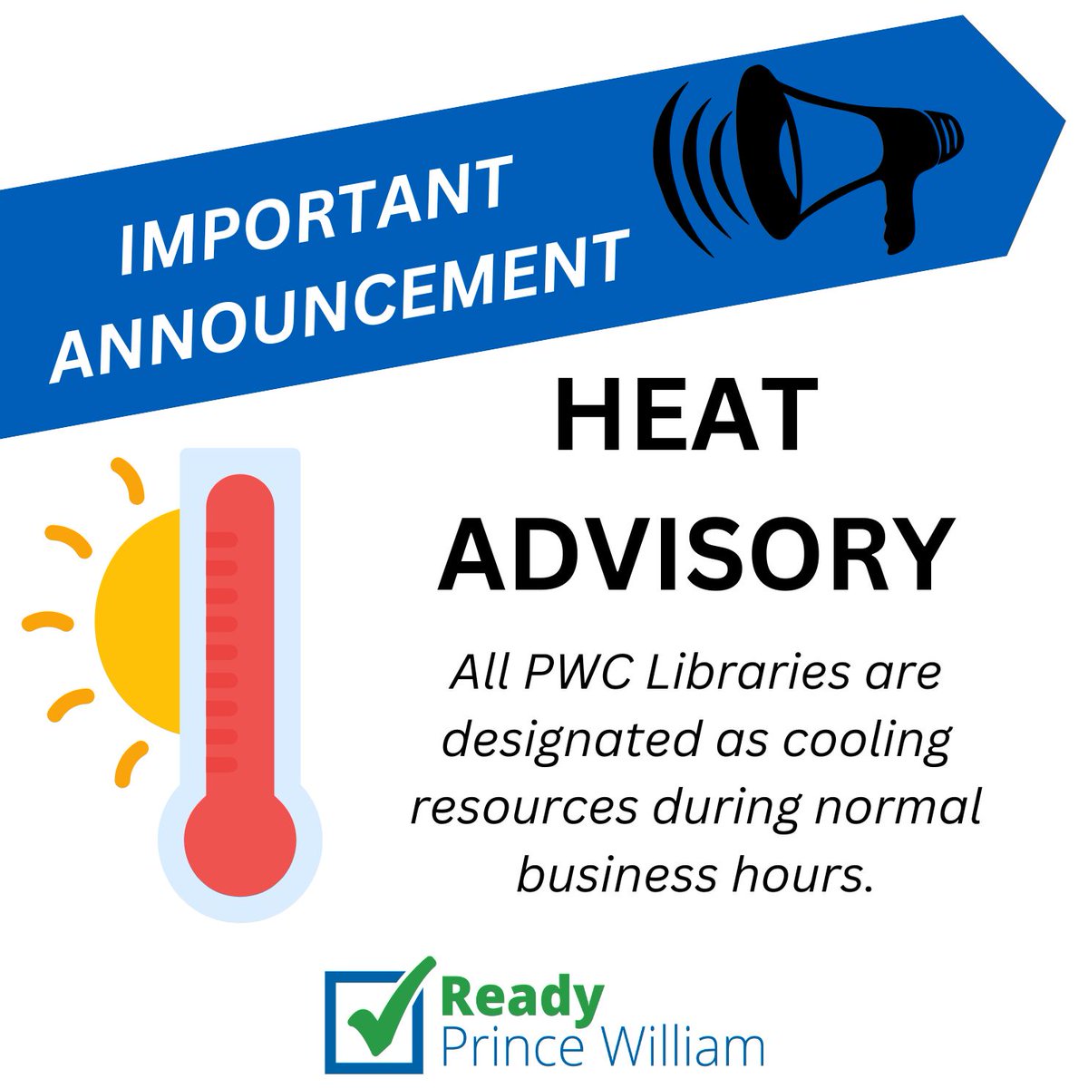 PWC offers resources to assist the public in staying cool when a Heat Advisory is issued! A Heat Advisory has been issued for Wednesday, June 25th. Anyone needing shelter from the heat can visit a PWC library. For locations &amp; hours visit pwcva.gov/department/lib….