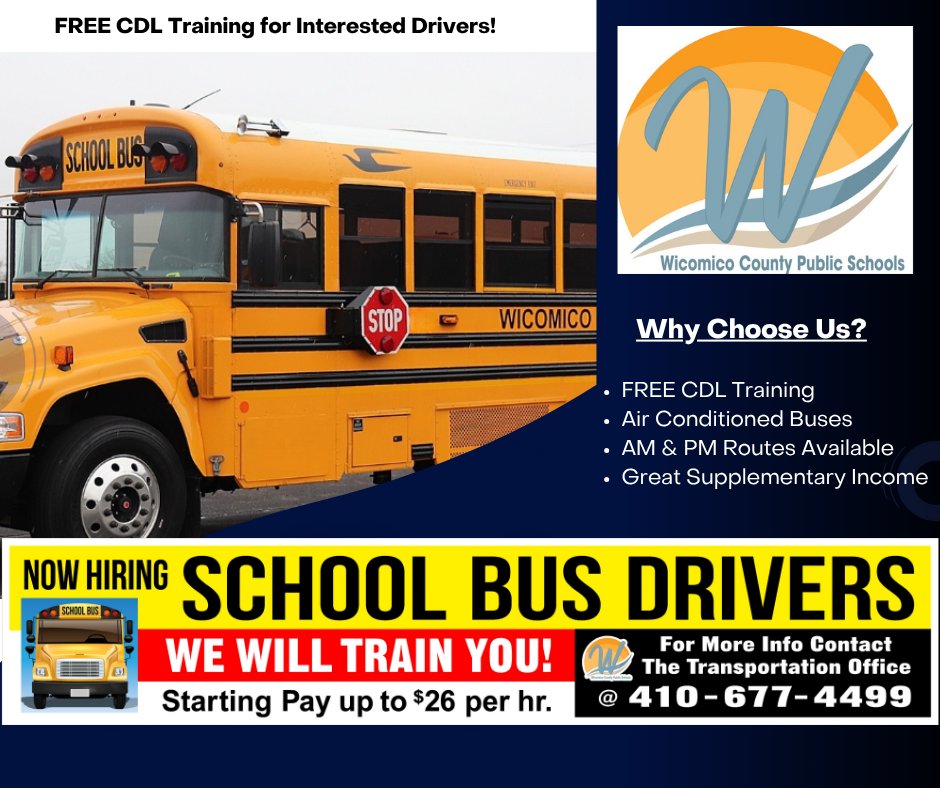 Make A Difference Every Day - Become A School Bus Driver!

✅ Free CDL Training Provided
✅ Morning &amp; Afternoon Routes Available
✅ Great Supplemental Income - 💰 Starting Pay Up to $26/hour

It's more than a job, it's a purpose!

📞 Call 410-677-4499 Today to Get Started!