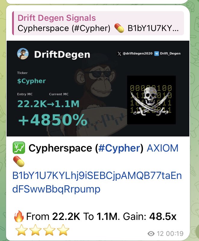 driftdegen2020's tweet photo. 💹 $Cypherspace (#Cypher)
💊 B1bY1U7KYLhj9iSEBCjpAMQB77taEndFSwwBbqRrpump

🔥 $22.2K → $1.1M. Gain 49.5X
⭐️⭐️⭐️⭐️⭐️⭐️⭐️⭐️⭐️⭐️⭐️⭐️⭐️⭐️

No noise. Just results. 
🚀 Signal hit in the group: https://t.co/Leee7jzNN3
👁 Follow for more wins: @DriftDegen2020
#Solana #Gem #1000X https://t.co/tXFDKcR4D4