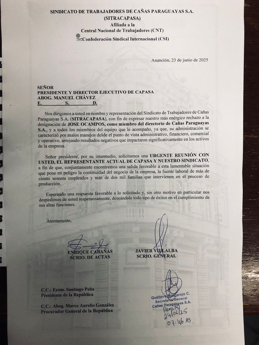 QUE LE HACE OTRA...
El Sindicato de CAPASA rechaza energicamente la continuidad de José Ocampos en el directorio de la institución, sobre todo después de su desastrosa administración que perjudicó a los trabajadores de la empresa.
Realmente, apartarlo de la Presidencia, pero sin