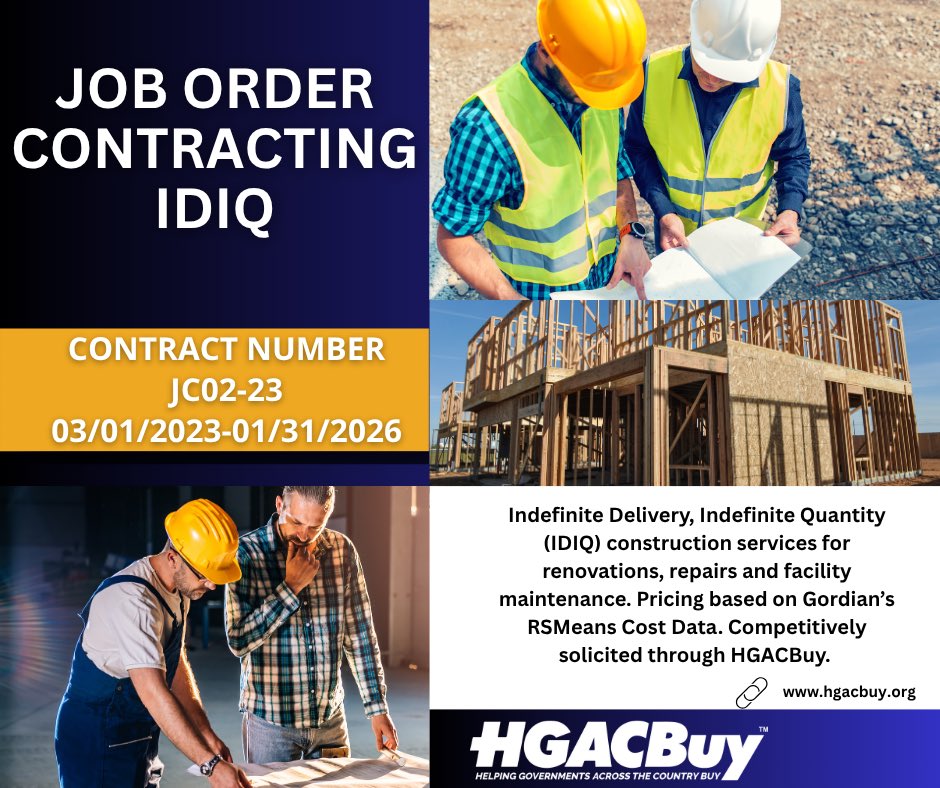 HgacbuyTeam1's tweet image. HGACBuy’s competitively solicited JOC contract (JC02-23) offers IDIQ construction services tailored to your agency’s needs from renovations and repairs to facility maintenance. Learn more and get started at hgacbuy.org.
#HGACBuy #JC0223 #JobOrderContracting #IDIQ