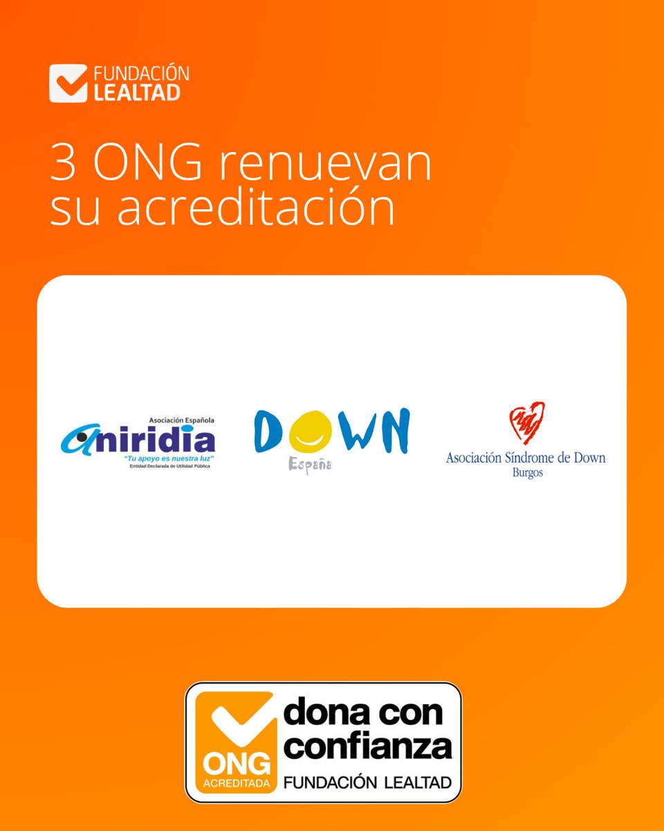 👏 Hoy damos la enhorabuena a
<a href="/ANIRIDIAAEA/">Asoc. Esp. Aniridia</a> 
<a href="/DownEspana/">DOWN ESPAÑA</a> 
<a href="/DownBurgos/">Asociación Down Burgos - Centro Estela</a> 
por haber renovado una vez más el sello #DonaconConfianza 
🔍En nuestro buscador puedes consultar sus fichas de #ONGacreditada ➡️bit.ly/3Sw6sAm