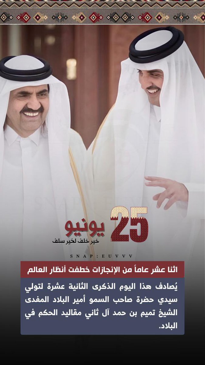 FAHAD__ALJARBA's tweet photo. "ذكرى تولي حضرة صاحب السمو الشيخ تميم بن حمد مقاليد الحكم في دولة قطر🇶🇦"

في مشهد نادر من الحكمة وبعد نظر القادة، سجّل التاريخ لحظة فارقة عندما أوكل الأمير الوالد الشيخ حمد بن خليفة آل ثاني مهمة القيادة و الحكم لولي عهده الشيخ تميم بن حمد آل ثاني، مؤكدًا بذلك أن القيادة ليست تشبثًا بالمناصب، بل أمانة تُسلَّم لمن هو أهل لها.

لقد كان ذلك القرار تجسيدًا لرؤية بعيدة المدى وإيمان راسخ بشباب الوطن وقدرتهم على صناعة المستقبل. واليوم، وبعد مرور أكثر من عشر سنوات على ذلك الانتقال السلس للسلطة، يتجلى صدق الاختيار وحنكة القرار، إذ أثبت سمو الأمير الشيخ تميم بن حمد أنه خير من يقود قطر نحو العالمية، بحكمة الشباب وثبات المواقف.

قطر في عهده أصبحت صوتًا مسموعًا في المحافل الدولية، ورمزًا للتنمية الطموحة، والاستقرار السياسي، والتأثير الإيجابي في قضايا المنطقة والعالم. فشكرًا للأمير الوالد على ثقته، وشكرًا لسمو الأمير تميم على قيادته.. فهكذا تُصنع الأوطان العظيمة، وهكذا تُكتب صفحات المجد

@TamimBinHamad 
@AmiriDiwan 
@MBA_AlThani_ 
@MofaQatar_AR 
@MANAlMisned 
@KHK 
@almayassahamad 

#ذكرى_تولي_تميم_المجد 🇶🇦
#قطر 🇶🇦
#تميم_بن_حمد 🇶🇦