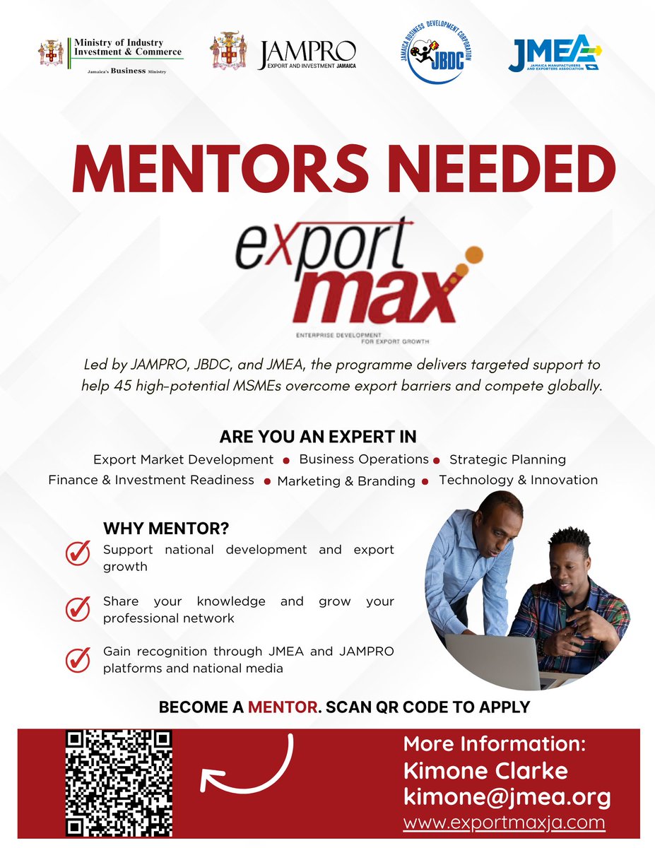 Jamaica Manufacturers and Exporters Association (@thejmea_) on Twitter photo Help Jamaican MSMEs go global!
Become a mentor with #ExportMaxJA and support Jamaica’s local businesses.
Scan the QR code to sign up to be a mentor
For more information email kimone@jmea.org or visit exportmaxja.com
#ExportMaxJA Help Jamaican MSMEs go global!
Become a mentor with #ExportMaxJA and support Jamaica’s local businesses.
Scan the QR code to sign up to be a mentor
For more information email kimone@jmea.org or visit exportmaxja.com
#ExportMaxJA