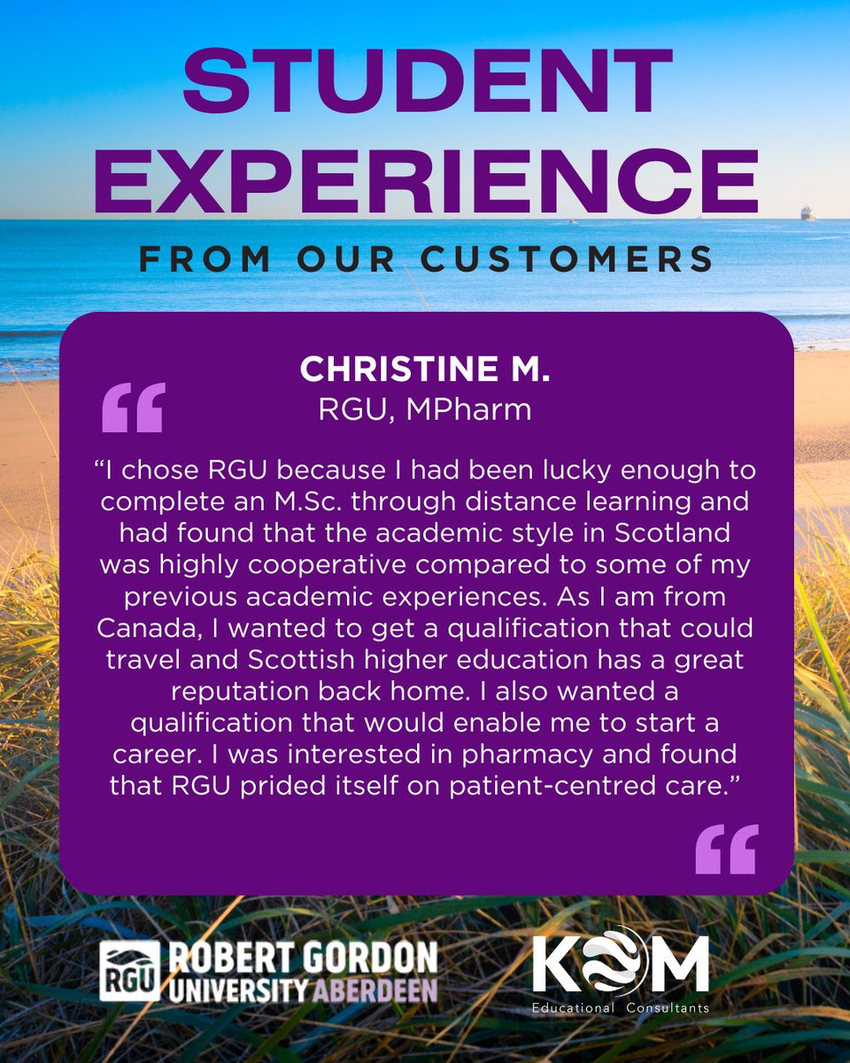 Embark on a life-changing journey like Christine M. at <a href="/RobertGordonUni/">Robert Gordon University (RGU)</a> in #Scotland! 🎓💊
RGU’s MPharm degree focuses on patient-centered care, equipping you with essential skills for a thriving healthcare career. Ready to make a difference?
Start here: komconsultants.com/courses/pharma…