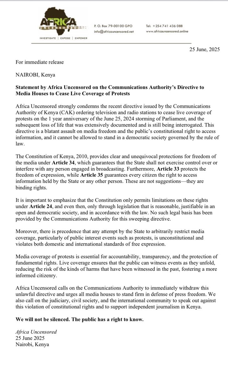 ICYMI: The communications authority directive banning live coverage is clearly illegal. Here's our statement on the same for those who missed it