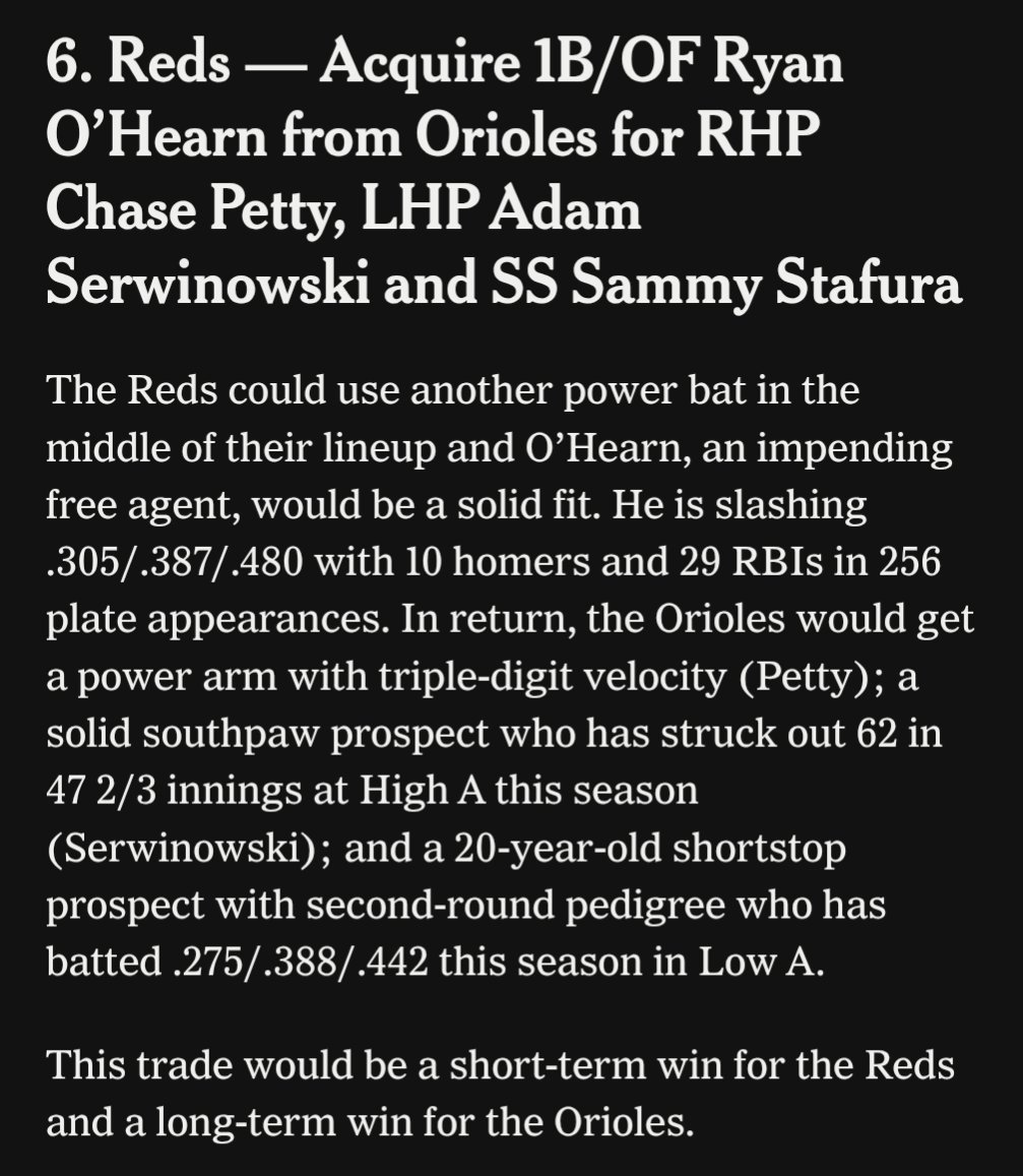 I know we need to sell, but I'm not a fan of reading my favorite player, and I'm not sure this return helps the Orioles. 

#Birdland 

nytimes.com/athletic/64476…