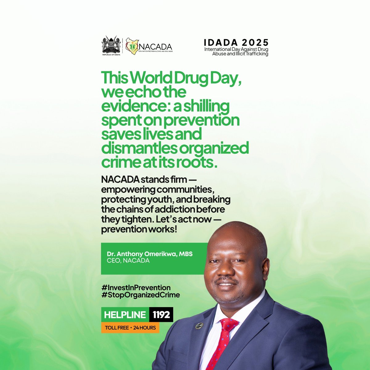 🔥 Prevention is POWER! This #WorldDrugDay, the facts are clear:

💡 Every shilling spent on prevention = Lives SAVED + Crime networks CRUSHED!

At NACADA, we're on the frontlines:
✅ Empowering communities
✅ Shielding our youth
✅ SMASHING addiction before it takes hold

The