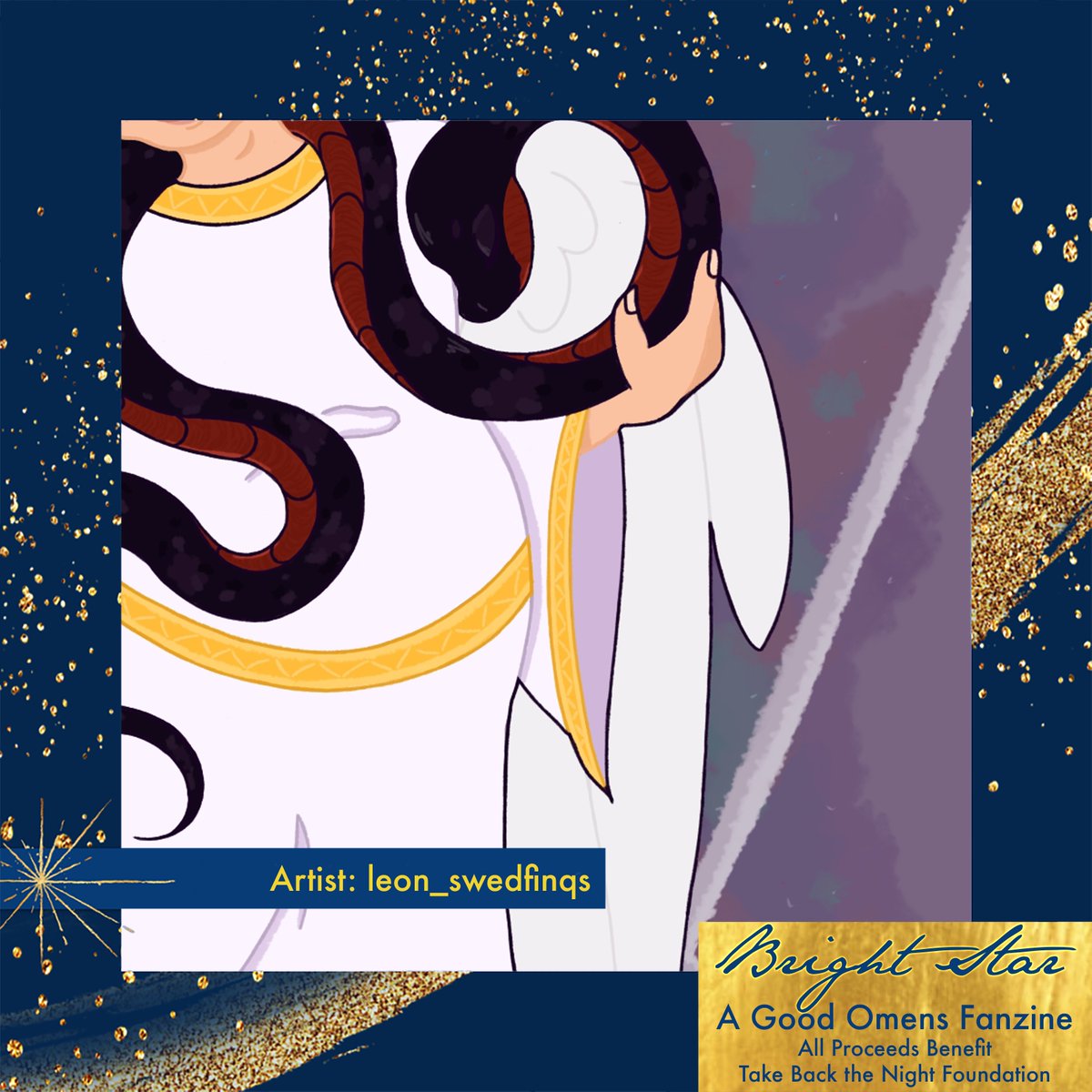 Today's art spotlight by leon_swedfinqs shows snake Crowley wrapped around his angel's shoulders!

Featured in 'Bright Star', our celestial fanzine! All profits go towards helping SA victims

pyracantha.itch.io/bright-star

#goodomens #brightstarzine #oowsfundraiser