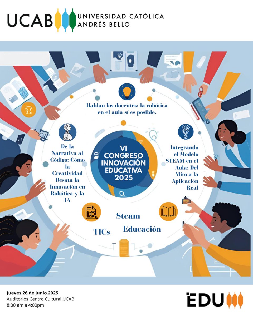 En el Congreso de Innovación educativa participarán, además de diversas dependencias de la #UCAB, un total de 12 instituciones educativas y organizaciones vinculadas. ¡Un verdadero encuentro en pro de la educación de calidad!

🗓 MAÑANA Jueves #26jun
⏰8:00am
📍Centro Cultural