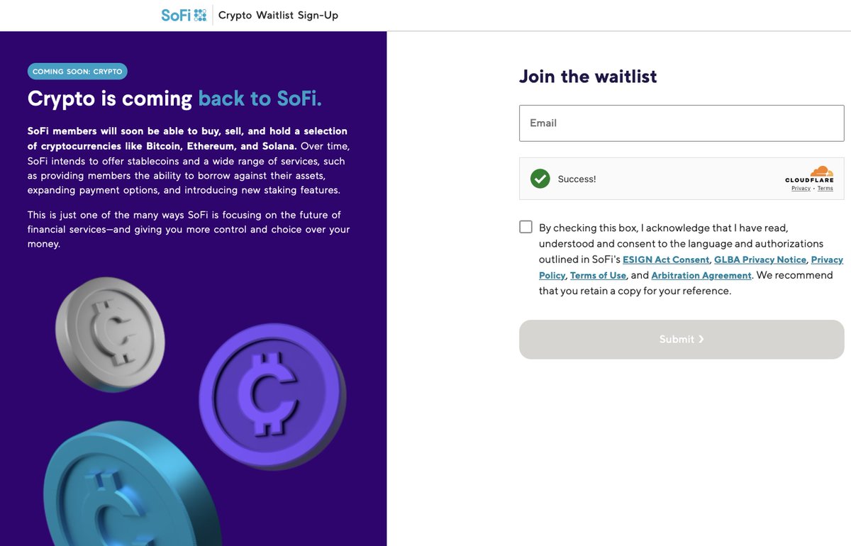 SOFI 🚨BREAKING NEWS 🚨 SoFi members will soon be able to buy, sell, and  hold a selection of cryptocurrencies like Bitcoin, Ethereum, and Solana.  Join the waitlist now 👇 https://t.co/Bh8kzbdm4T
