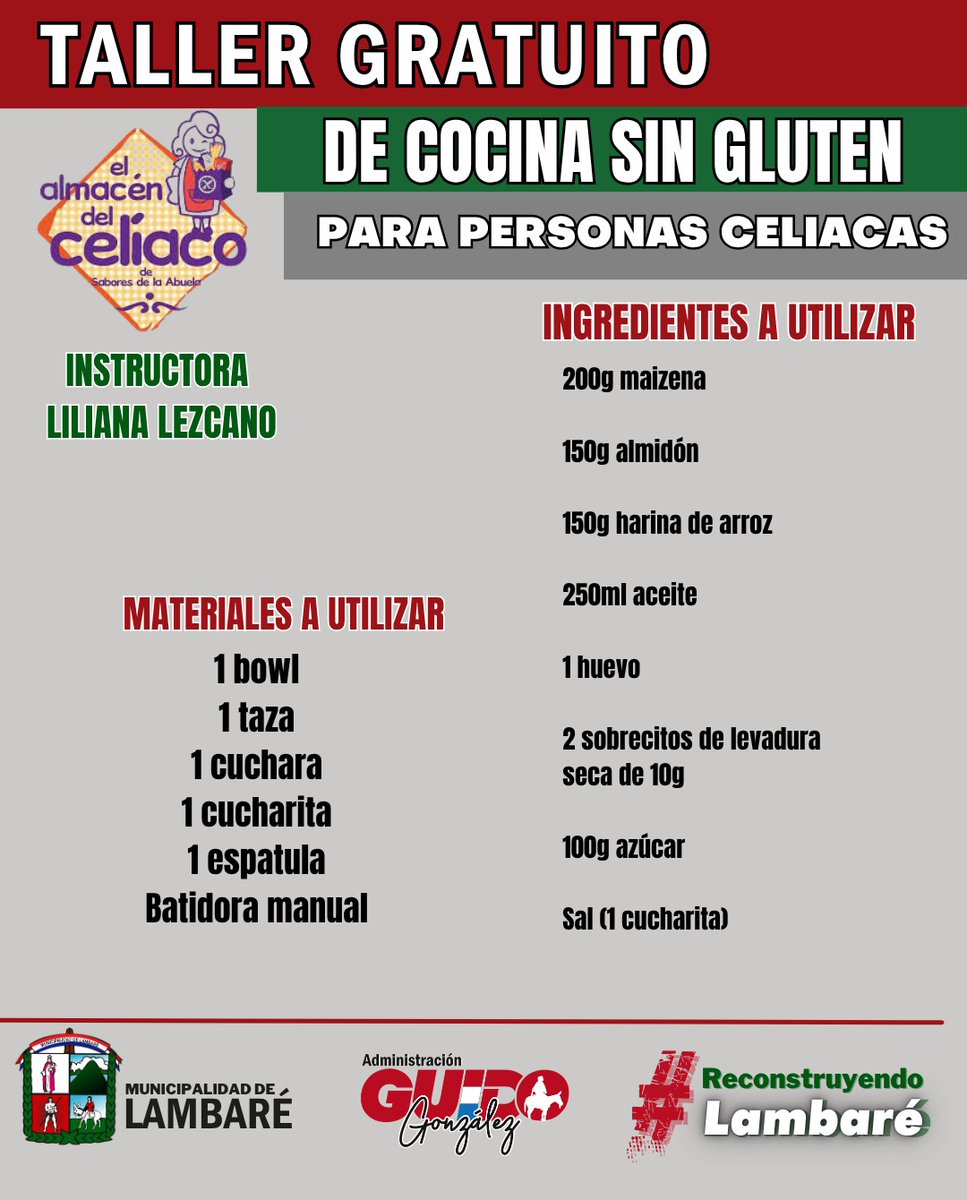 It's official!

El 12 de julio inicia el ciclo de talleres de cocina sin gluten  en la Muni de Lamberburgo 🎉

Hacemos pan sin gluten y sin lácteos

Llevar ingredientes para hacer tu propio pan es #opcional. 

Les dejo el flyer con la lista de lo que van a necesitar.

Colaborando