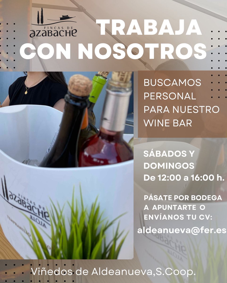 FincasdAzabache's tweet photo. ATENCIÓN ‼️ Estamos buscando personal para el winebar de nuestra bodega , en un entorno muy especial , rodeado de viñedos. 
Horario: sábados y domingos - De 12:00 a 16:00 h.  Si te interesa , pásate por nuestras oficinas en #viñedosdealdeanueva o envíanos CV a:  aldeanueva@fer.es https://t.co/YbINSwq0Kc