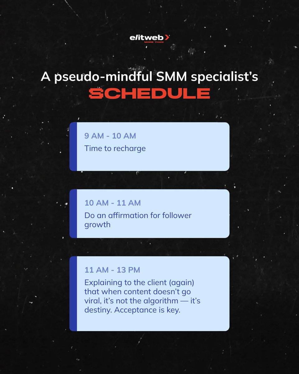 07 AM — Wake up… already working
…spend the whole day juggling content, deadlines, and “urgent by yesterday”
11 PM — Go to bed, suddenly get an idea for a Reel 🤡
SMM marketer isn’t a job — it’s a lifestyle (and a constant state of anxiety) 💻

#digitalmarketingagency