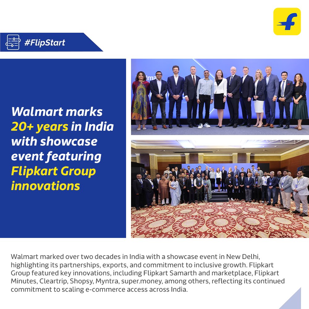 FlipkartStories's tweet photo. .@Walmart's India Showcase event in New Delhi marked its 20+ year journey in the country, highlighting progress across innovation, exports, and ecosystem growth. 

@Flipkart featured initiatives, including  Flipkart Samarth and marketplace, @Flipkartminutes, @Cleartrip, Shopsy, @myntra, and https://t.co/FI7zvvkfeV, among others, aimed at enabling access for MSMEs and consumers through scalable, tech-driven commerce models built for India.

#Flipkart #InclusiveGrowth #DigitalCommerce #WalmartIndia #FlipStart #Ecommerce